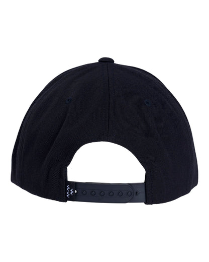 Back of a black 6-panel snapback cap featuring an adjustable plastic strap and small brand label.