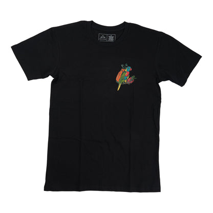 birds-of-condor-black-golf-tee-shirt-larry-lorikeet-front