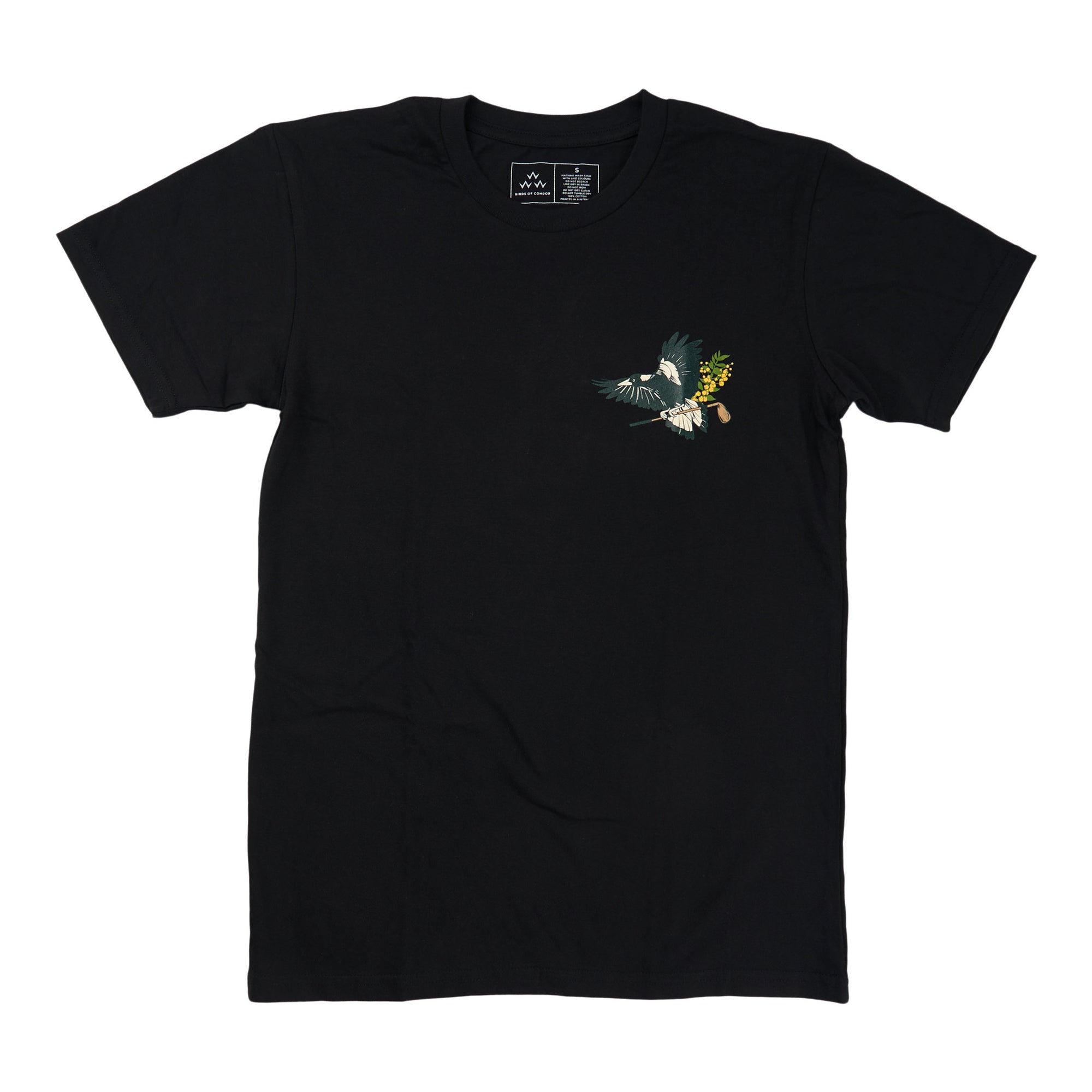 birds-of-condor-black-golf-tee-shirt-maggie-magpie-front