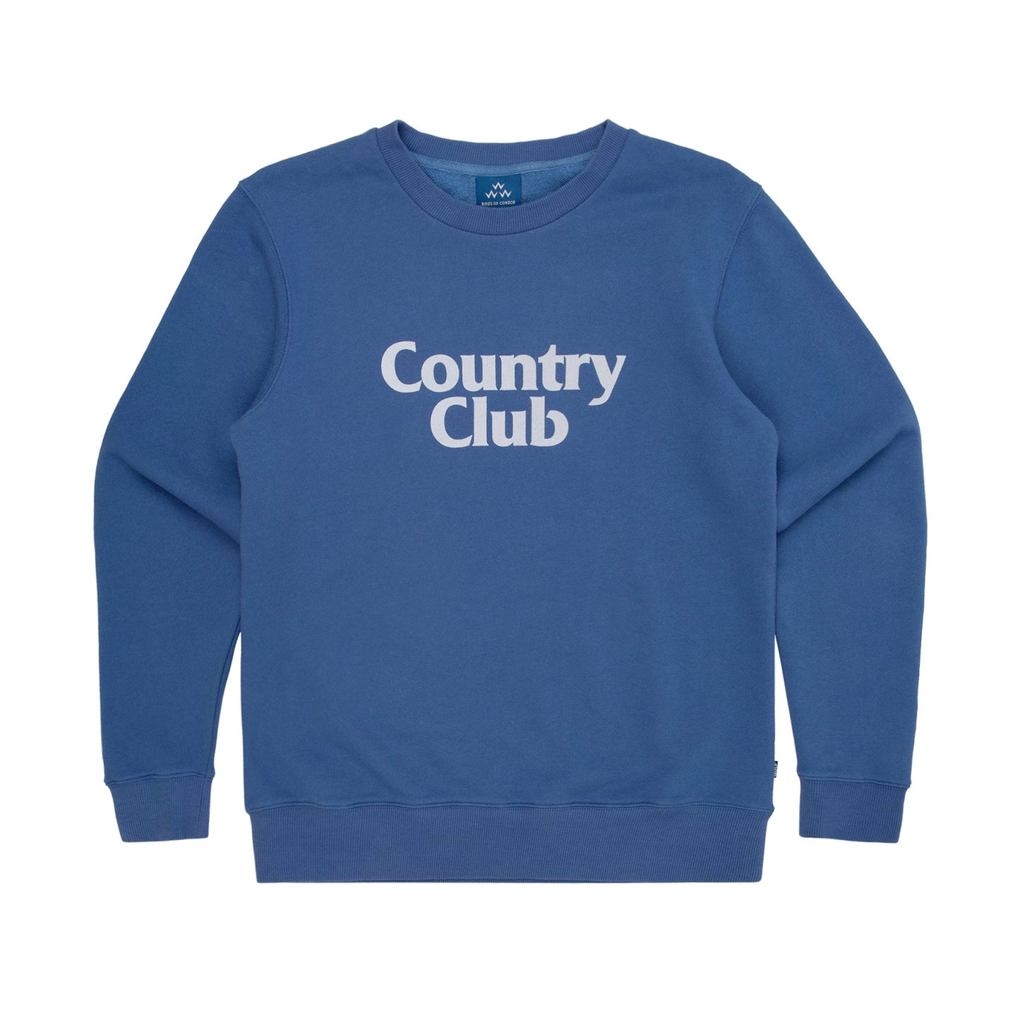 A vibrant blue crew neck with a classic white Country Club print, made from 100% Certified GOTS Organic French Terry Cotton for a premium hand feel and a regular fit. Ideal for your next rendezvous.