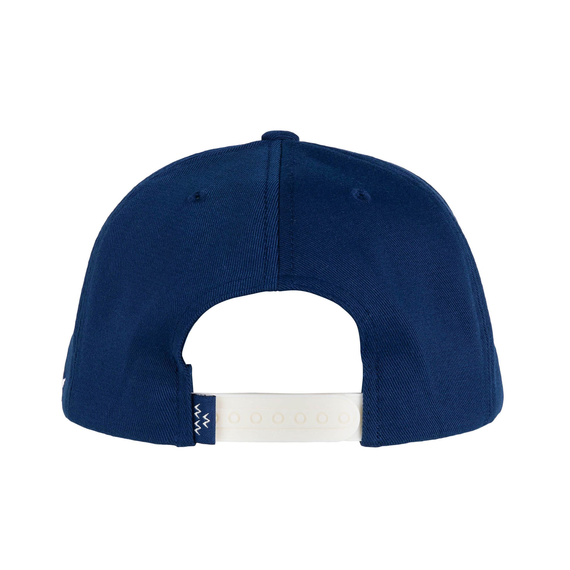 Back view of Blue and White 5-Panel Snapback Cap with Embroidered Country Club Logo, Plastic Snapback Closure, 100% Polyester Pro-Formance Material, Signature Birds of Condor Internal Taping - One Size Fits Most