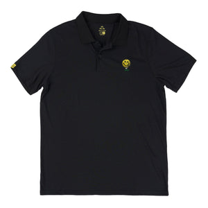 Black Neverfind golf polo by birds of condor.  Great fit, tech fabric and the neverfind golf ball dude.