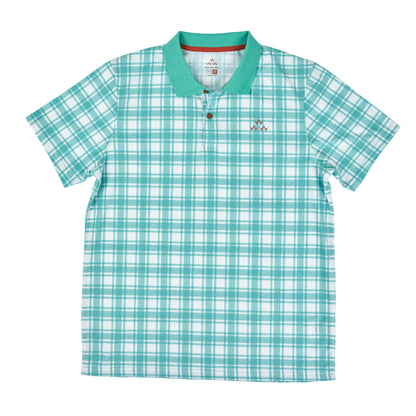 When we say fresh cuts for weekend putts, this is what we are talking about right here.  Made from drirelease fabric this polo performs as good as it looks.  Aqual green plaid on white golf polo by Birds of Condor.