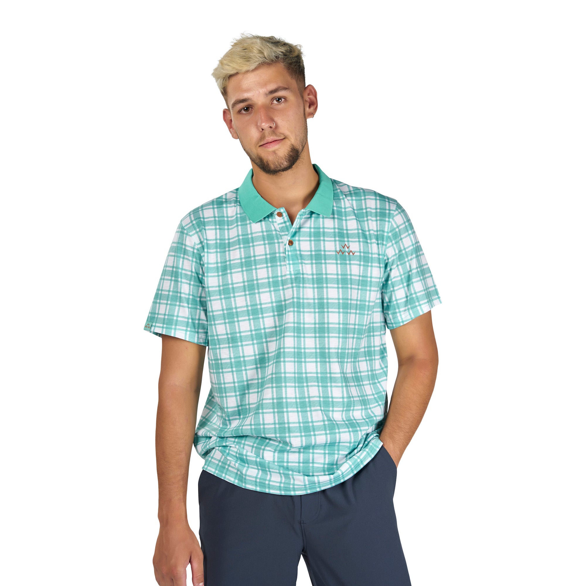 When we say fresh cuts for weekend putts, this is what we are talking about right here.  Made from drirelease fabric this polo performs as good as it looks.  Aqual green plaid on white golf polo by Birds of Condor.